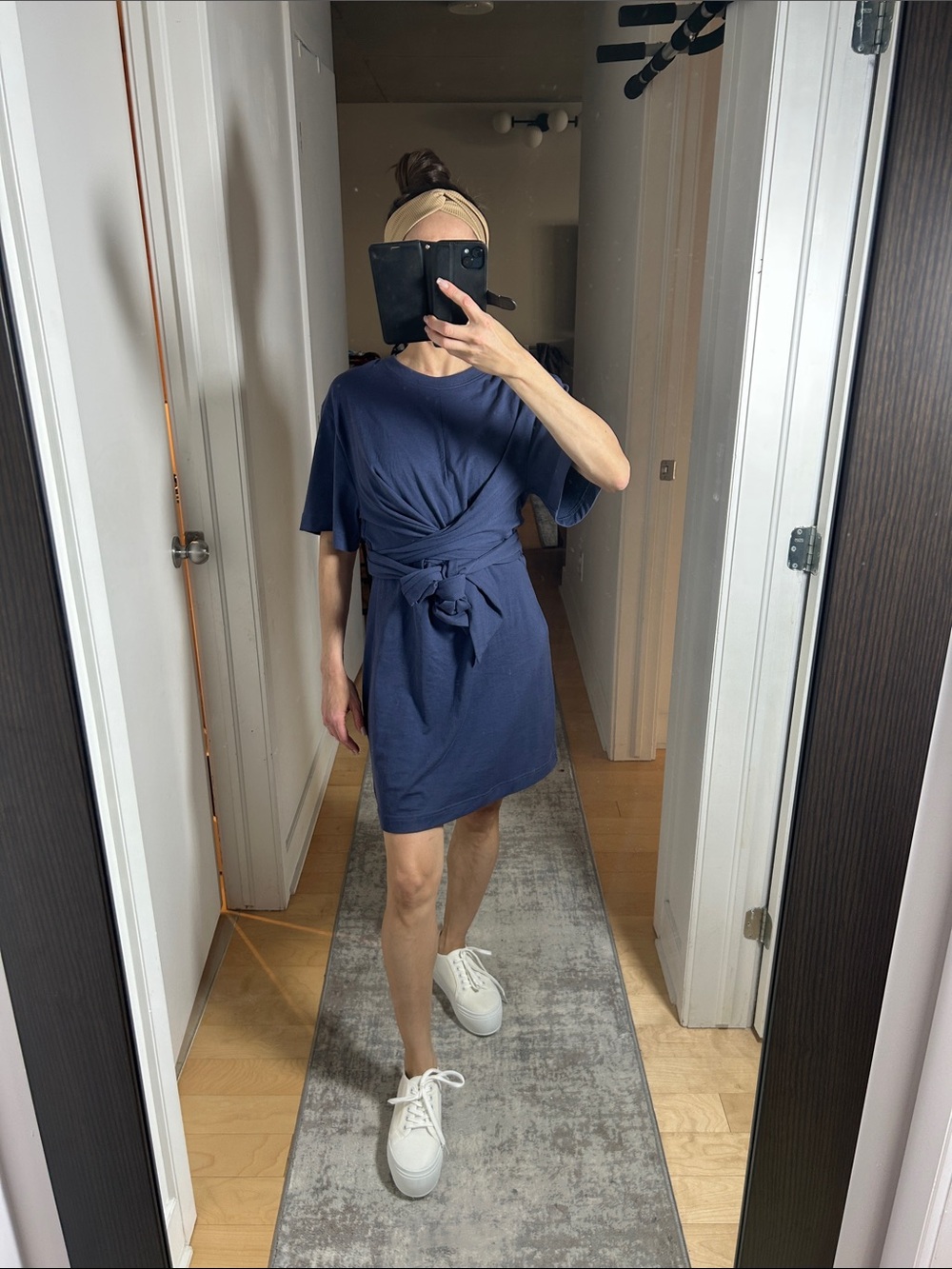 Dynamite Riverside Wrap T-Shirt Dress | Night Shadow Blue | Size Small